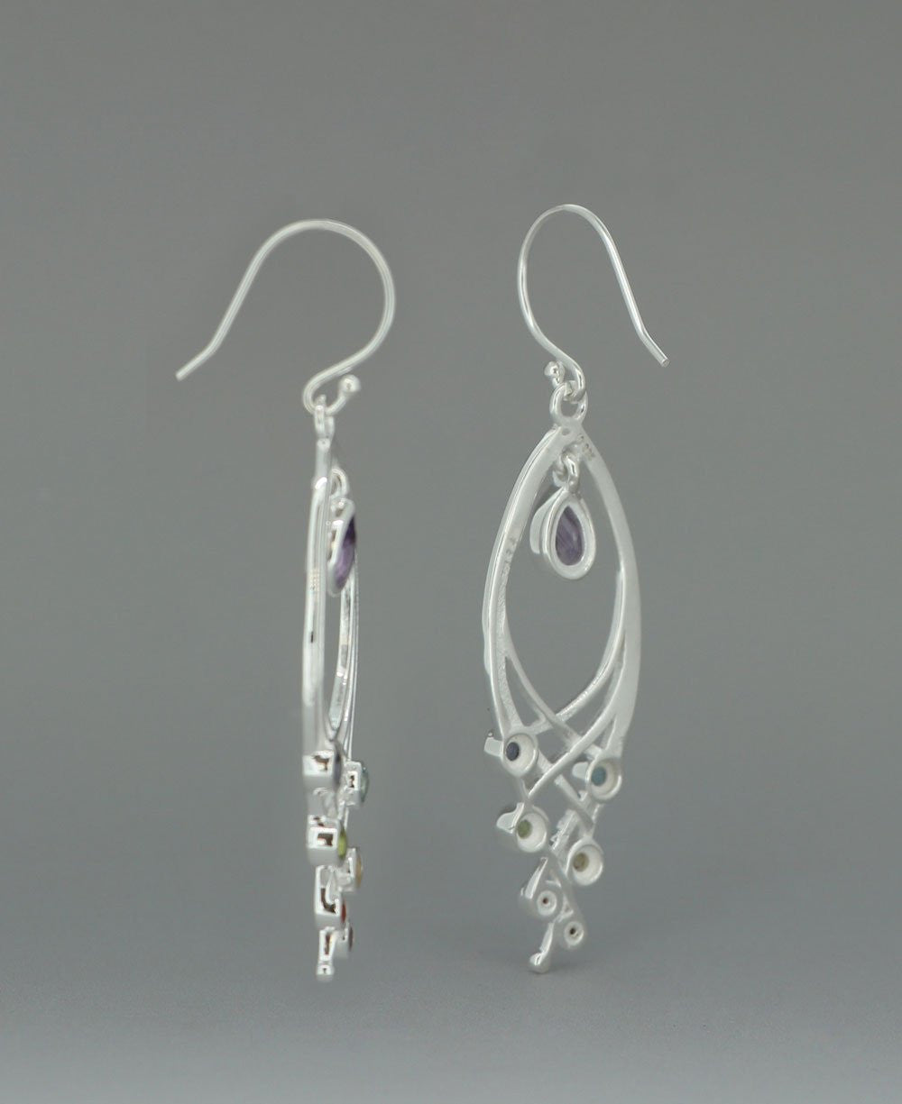 Premium Leaf Shaped Sterling Silver Chakra Gemstone Dangle Earrings - Earrings