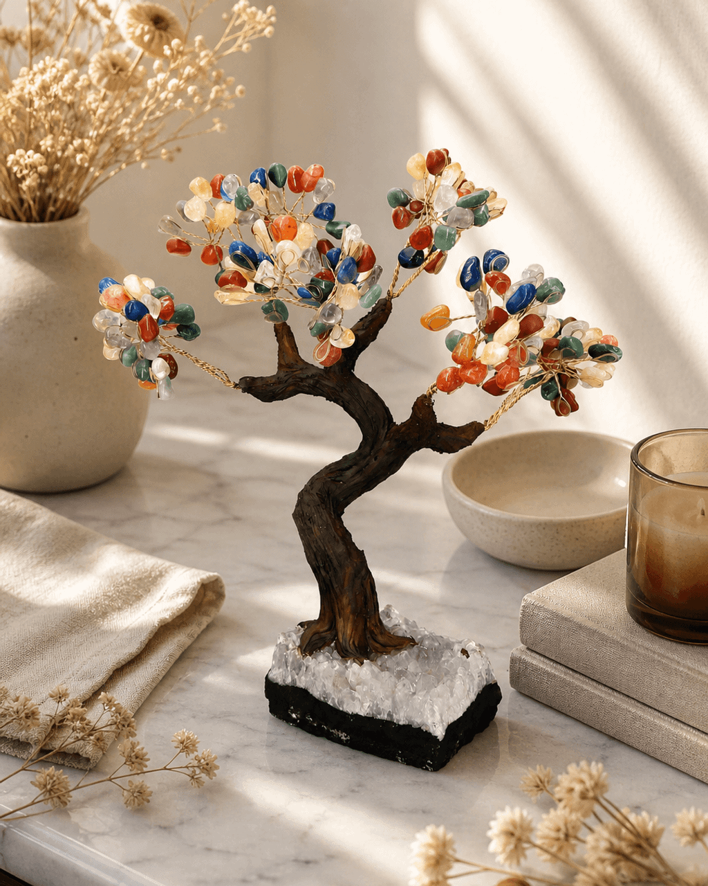 Premium Multicolored Rainbow Gemstone Bonsai Tree, 180 Stones - Decor