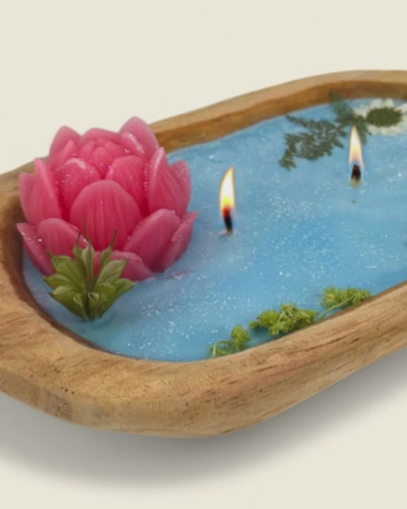 Lotus Bloom Dough Bowl Candle in Natural Wood