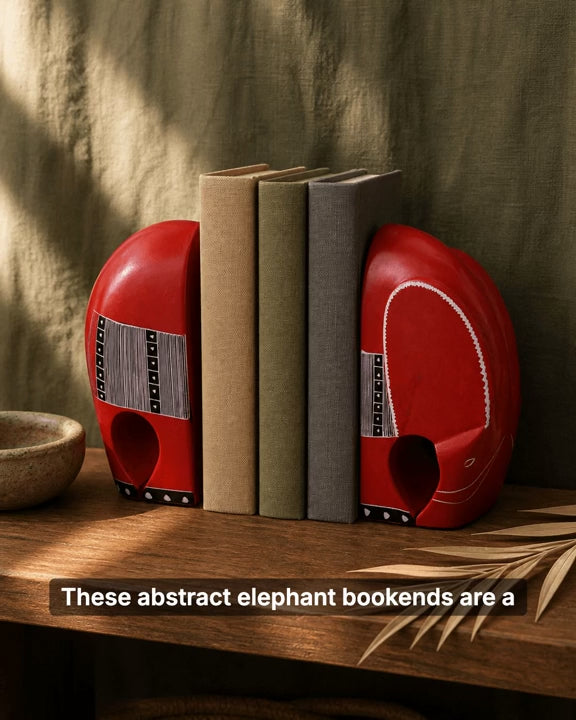 Red Kisii Elephant Bookends with Tribal Patterns