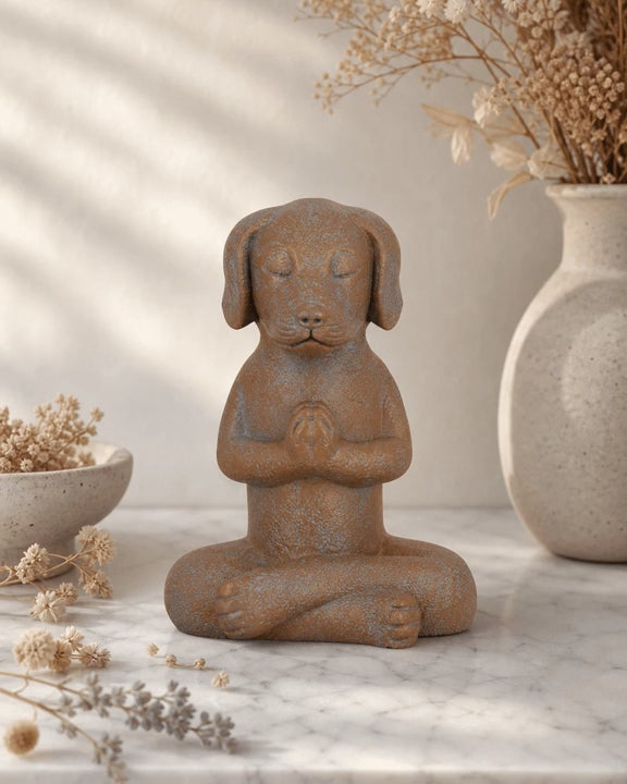 Namaste Dog Statue, Terra Cotta Finish