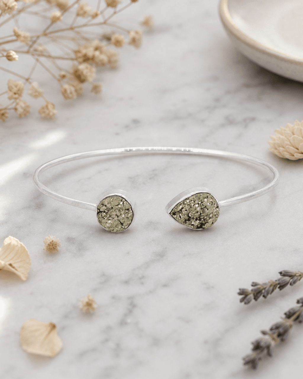 Pyrite Druzy Stones Sterling Silver Adjustable Bracelet - Bracelets