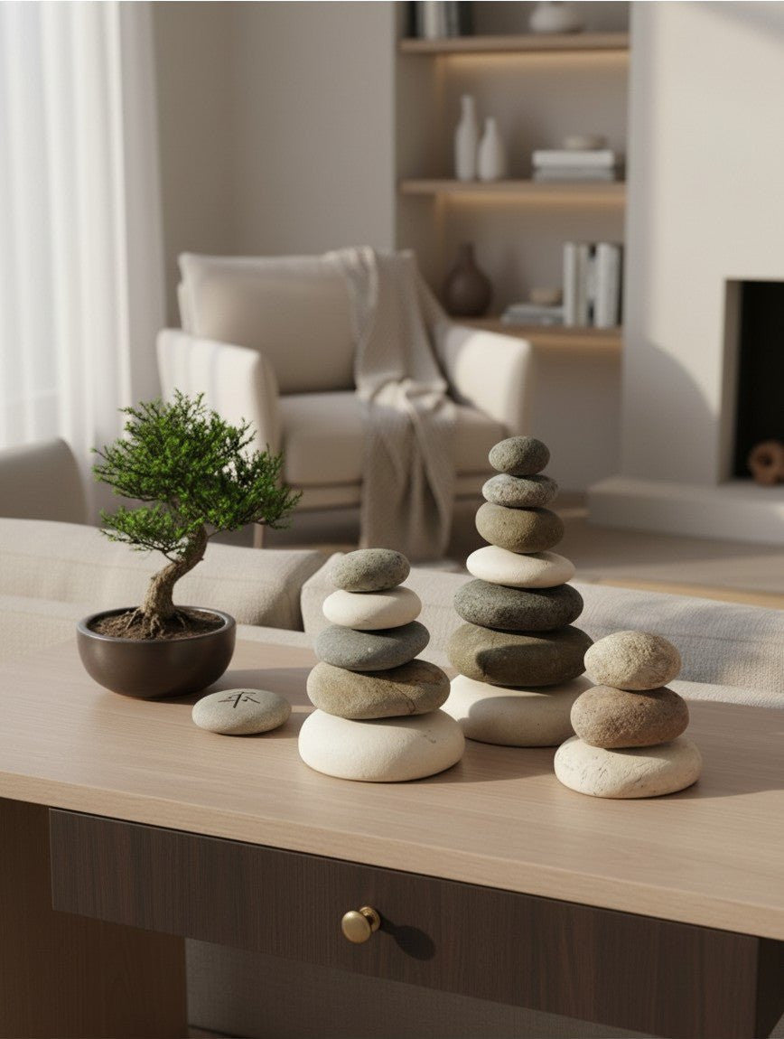 Quintuple Stone Cairn Sculpture — 7.5 Inch Natural Rock Stack Decor - Statues & Accents