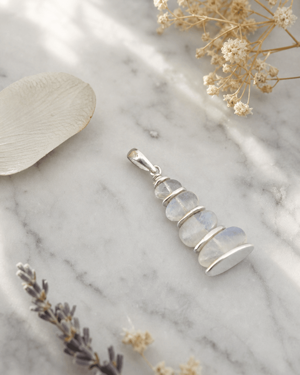 Rainbow Moonstone Cairn Pendant – Stacked Gemstones with Sterling Silver - Pendants