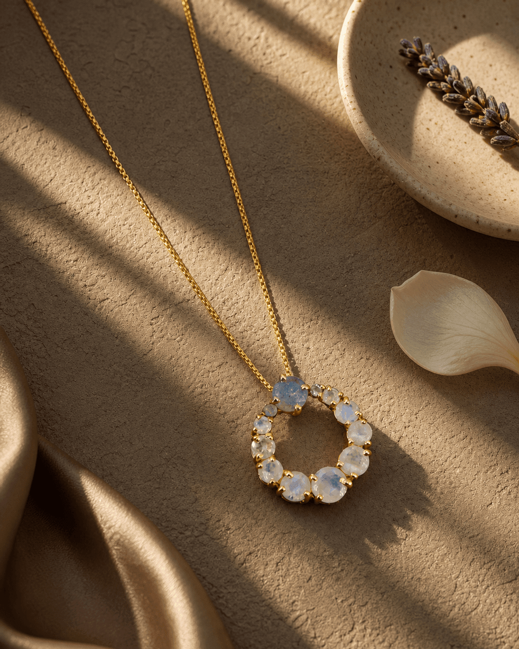 Rainbow Moonstone Circle Gold Plated Necklace - Necklaces