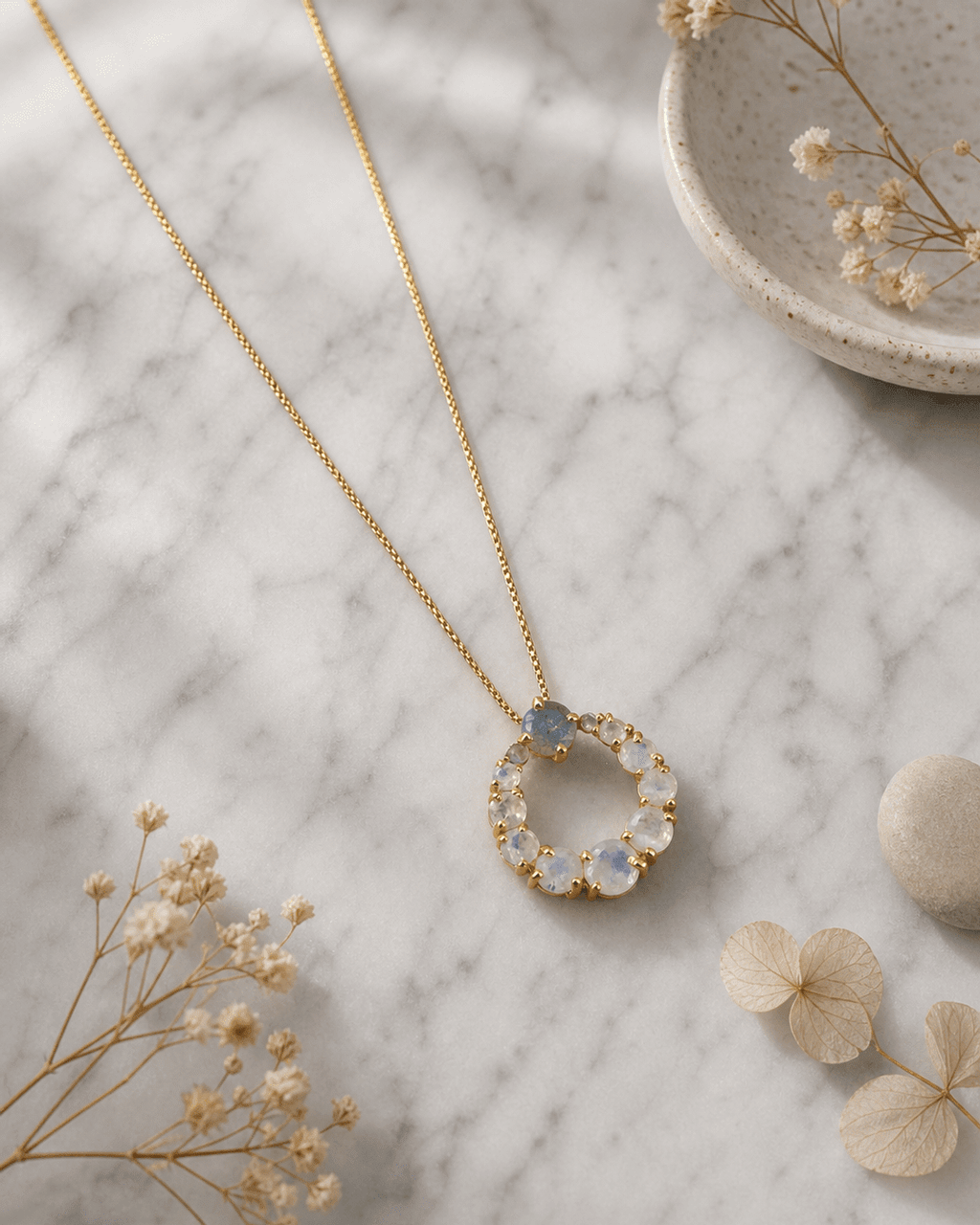 Rainbow Moonstone Circle Gold Plated Necklace - Necklaces