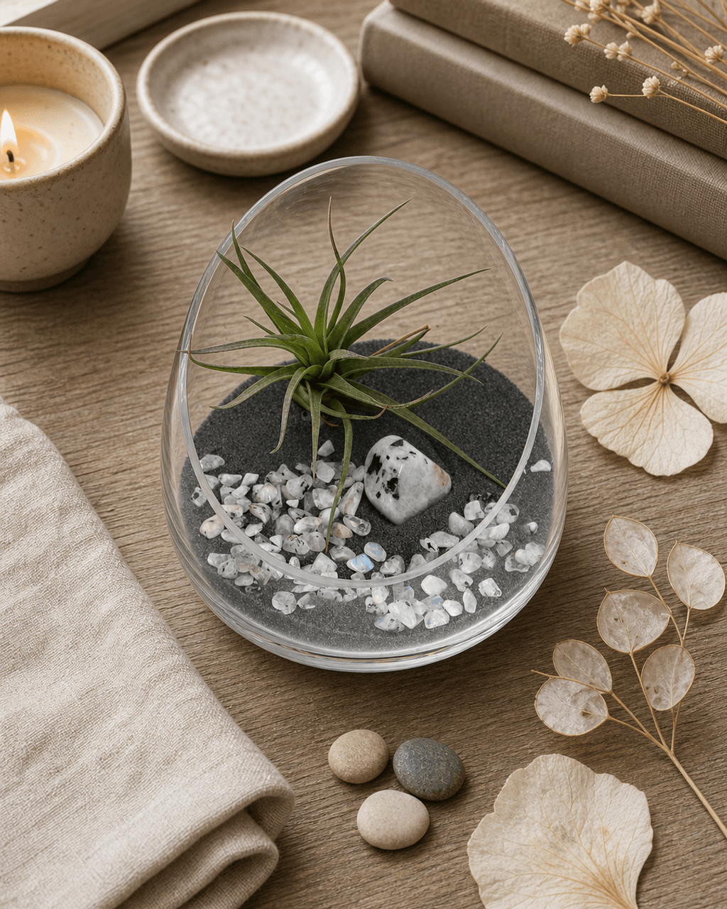 Rainbow Moonstone Gemstone Terrarium – Air Plant Arrangement in Glass Bowl with Black Sand - Terrarium