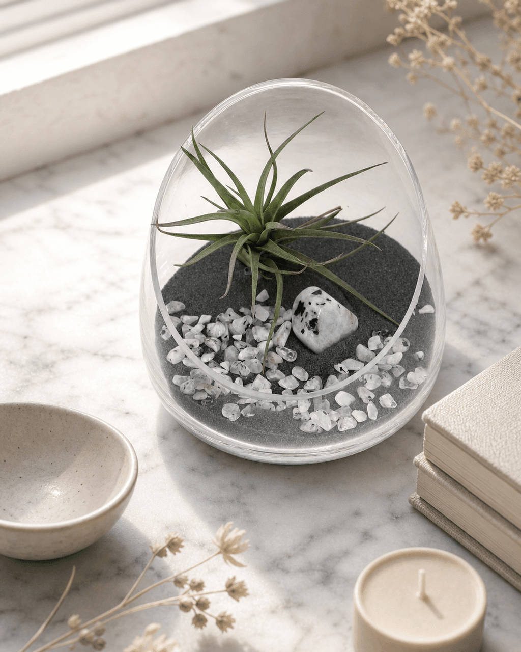 Rainbow Moonstone Gemstone Terrarium – Air Plant Arrangement in Glass Bowl with Black Sand - Terrarium