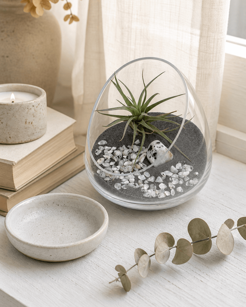 Rainbow Moonstone Gemstone Terrarium – Air Plant Arrangement in Glass Bowl with Black Sand - Terrarium