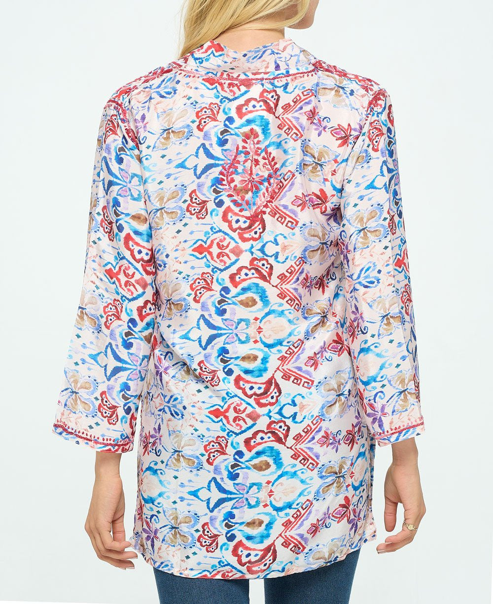 Red Embroidered Printed V Neck Tunic Top - Shirts & Tops S