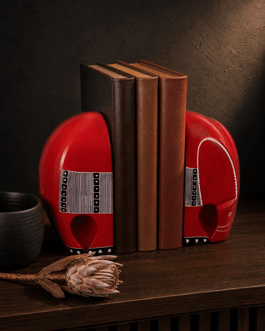 Red Kisii Elephant Bookends with Tribal Patterns - Bookends