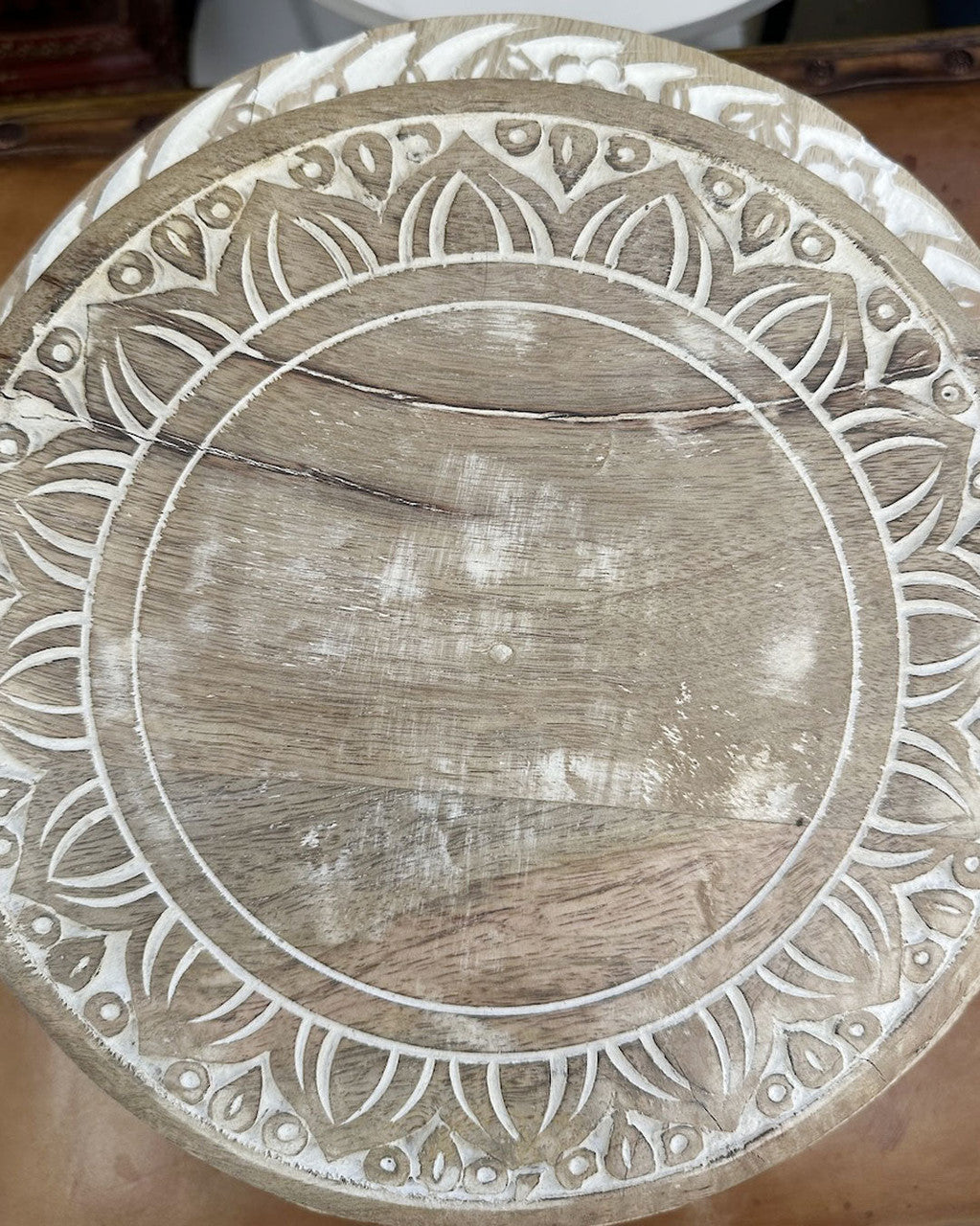 Imperfectly Perfect Lotus Petals Carved Wood Pedestal Riser