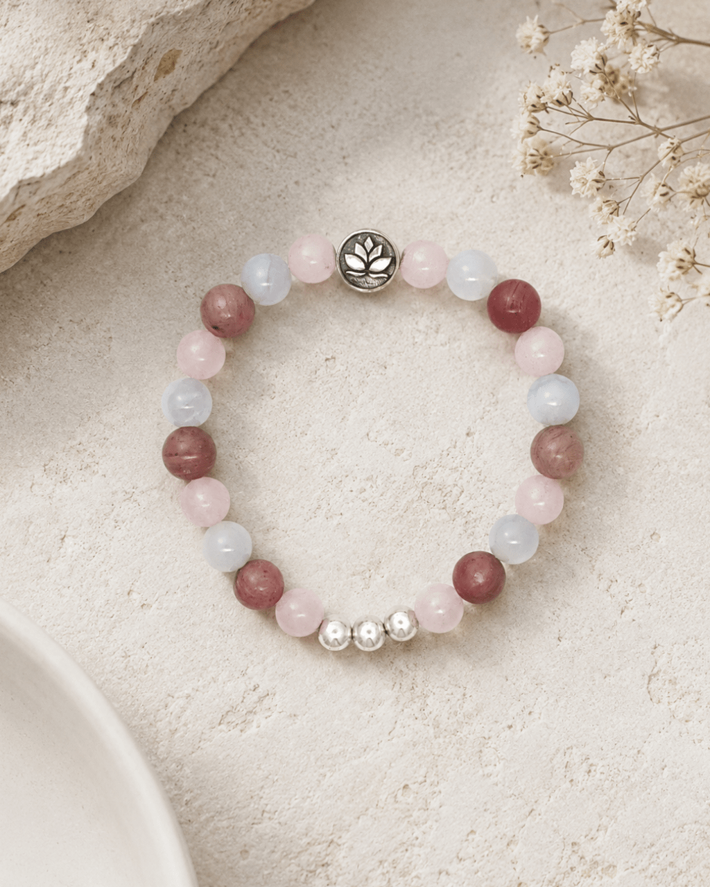 Rose Quartz & Rhodochrosite Lotus Bracelet - Bracelet