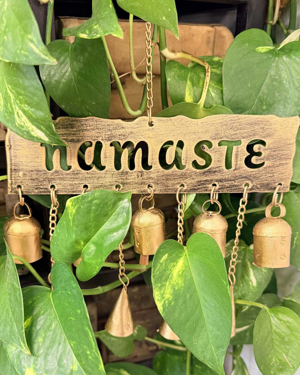 Rustic Namaste Bell Chime Wall Hanging — Fairtrade Metal Decor - Wall Decor