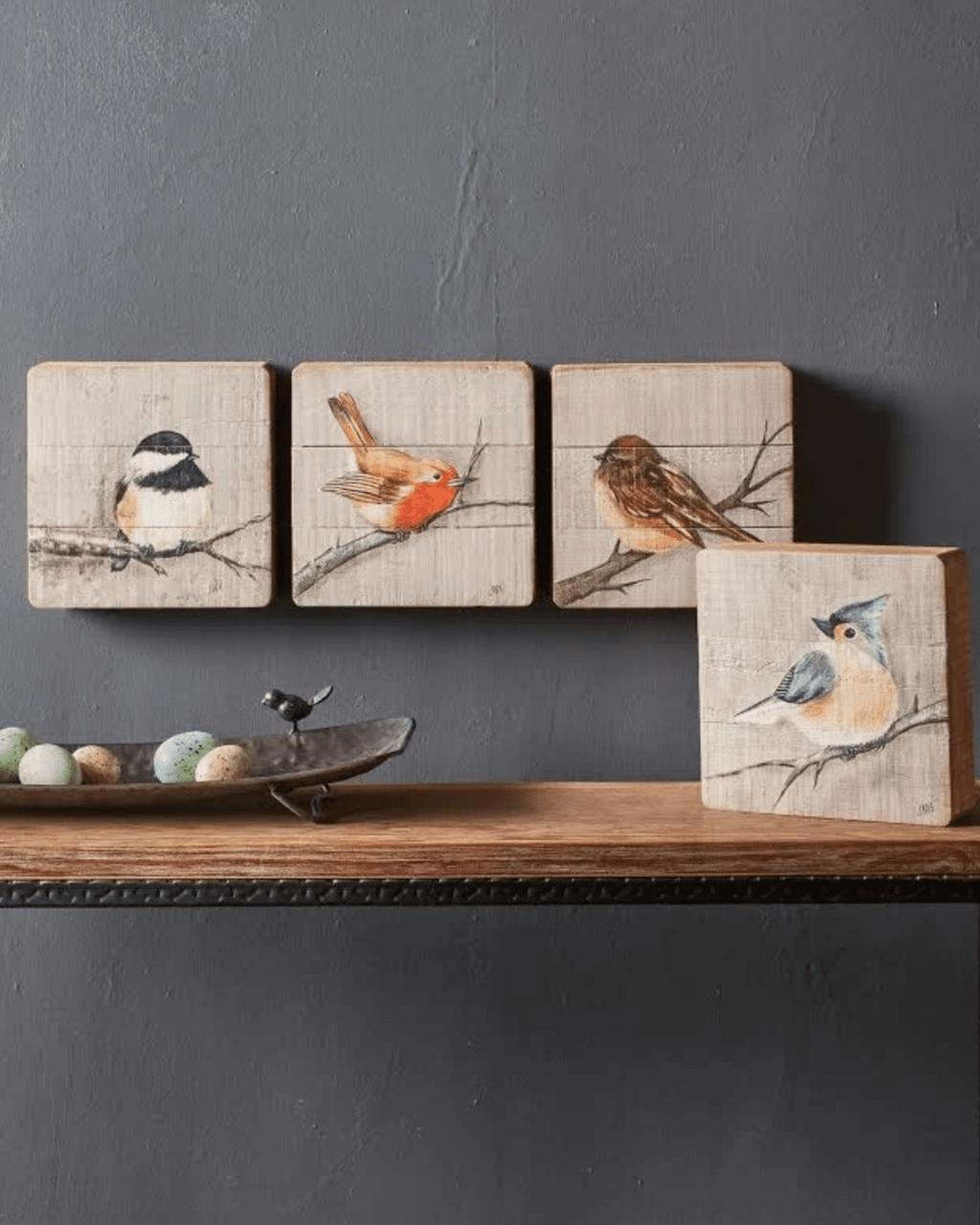 Rustic Wood Bird Plaque Set of 4 — Printed Songbirds Wall Decor -
