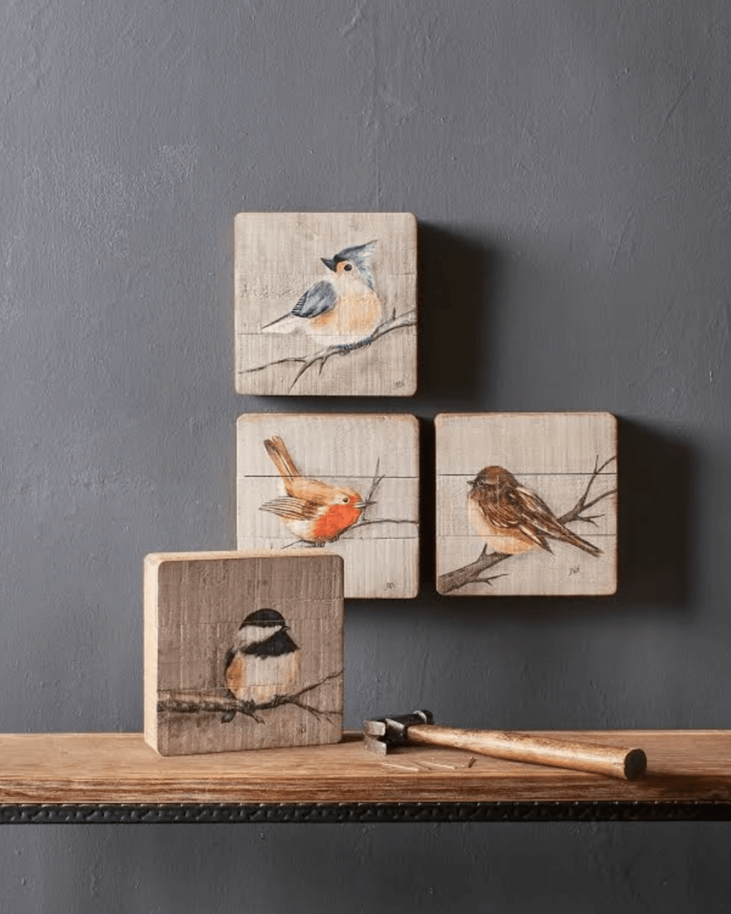 Rustic Wood Bird Plaque Set of 4 — Printed Songbirds Wall Decor -