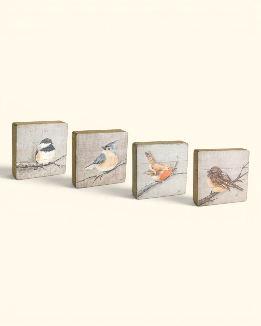 Rustic Wood Bird Plaque Set of 4 — Printed Songbirds Wall Decor -