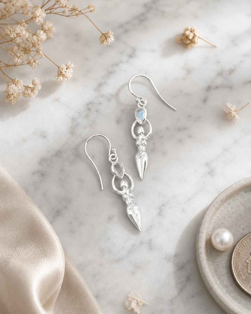 Sacred Feminine Goddess Earrings in Sterling Silver With Moonstone - Earrings