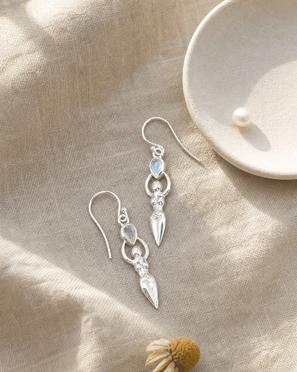 Sacred Feminine Goddess Earrings in Sterling Silver With Moonstone - Earrings