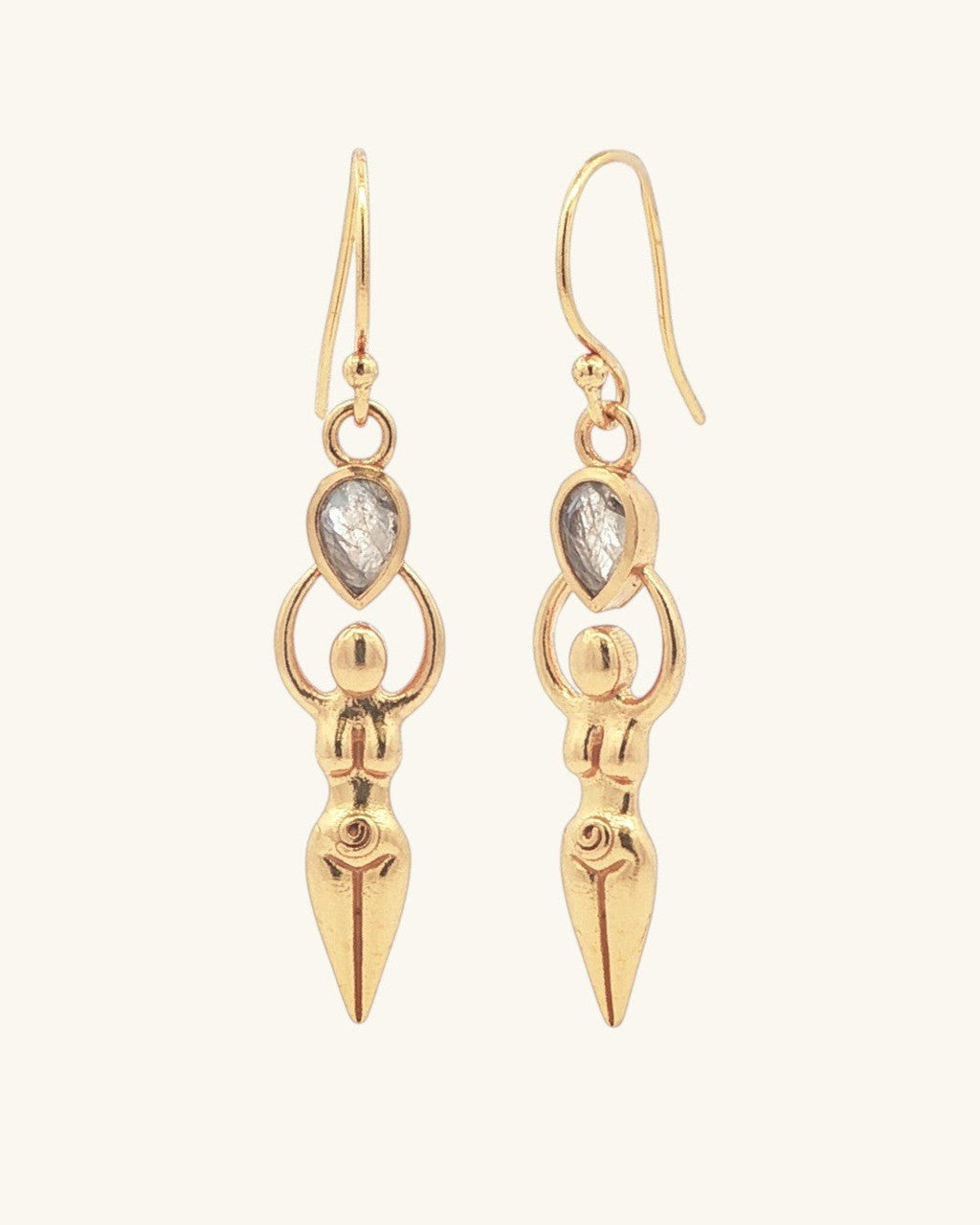 Sacred Feminine Goddess Earrings with Moonstone — Gold - Plated Brass - Earrings