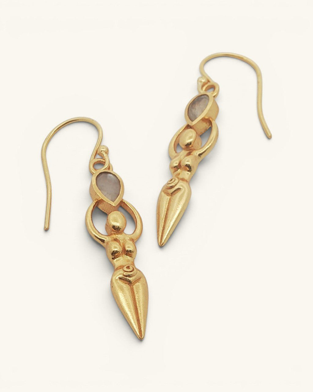Sacred Feminine Goddess Earrings with Moonstone — Gold - Plated Brass - Earrings