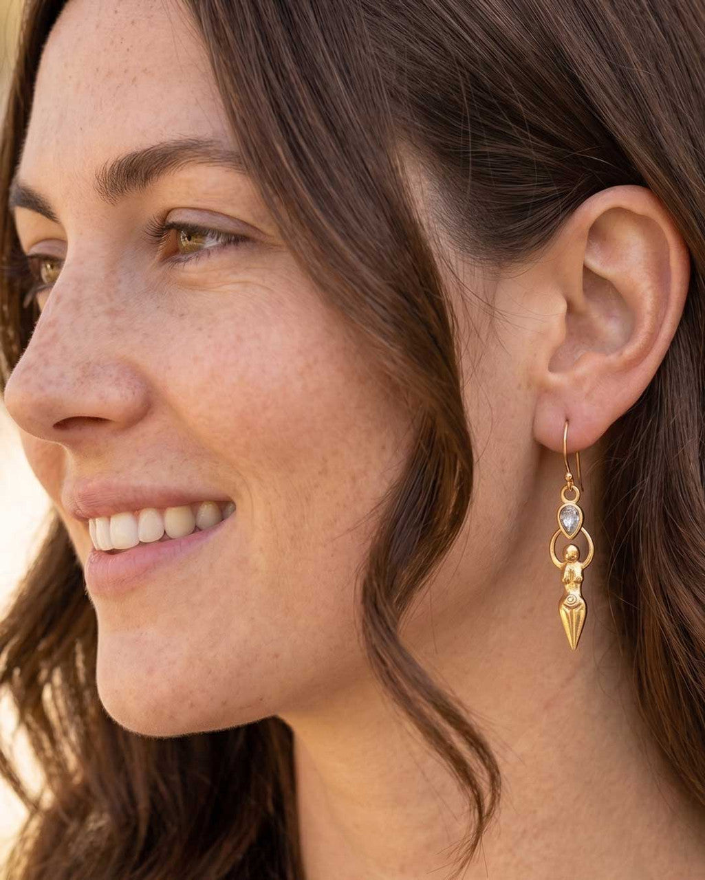 Sacred Feminine Goddess Earrings with Moonstone — Gold - Plated Brass - Earrings