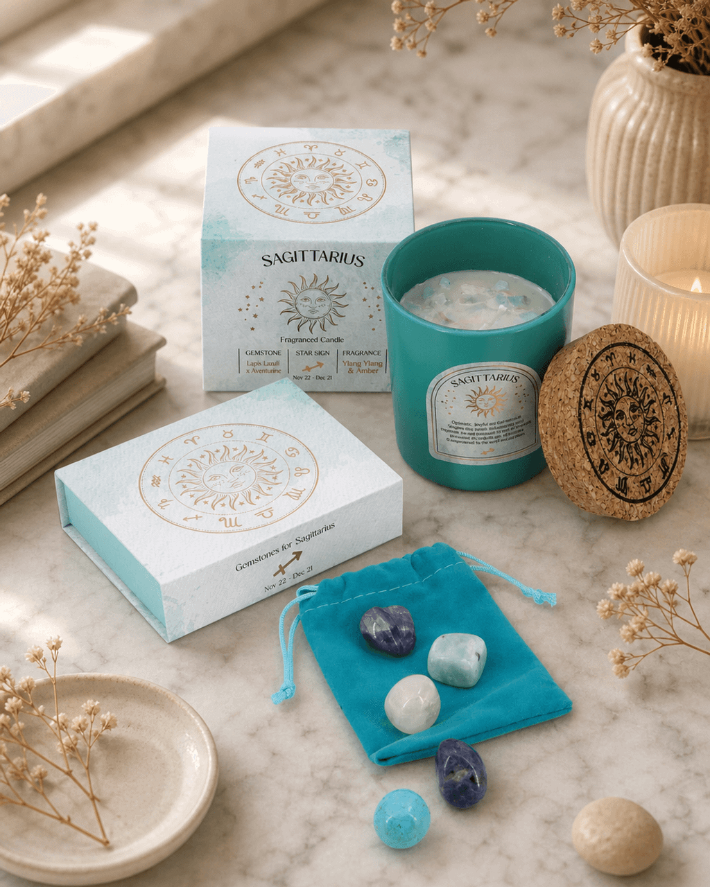 Sagittarius Zodiac Candle & Crystal Tumblestone Set - Candles