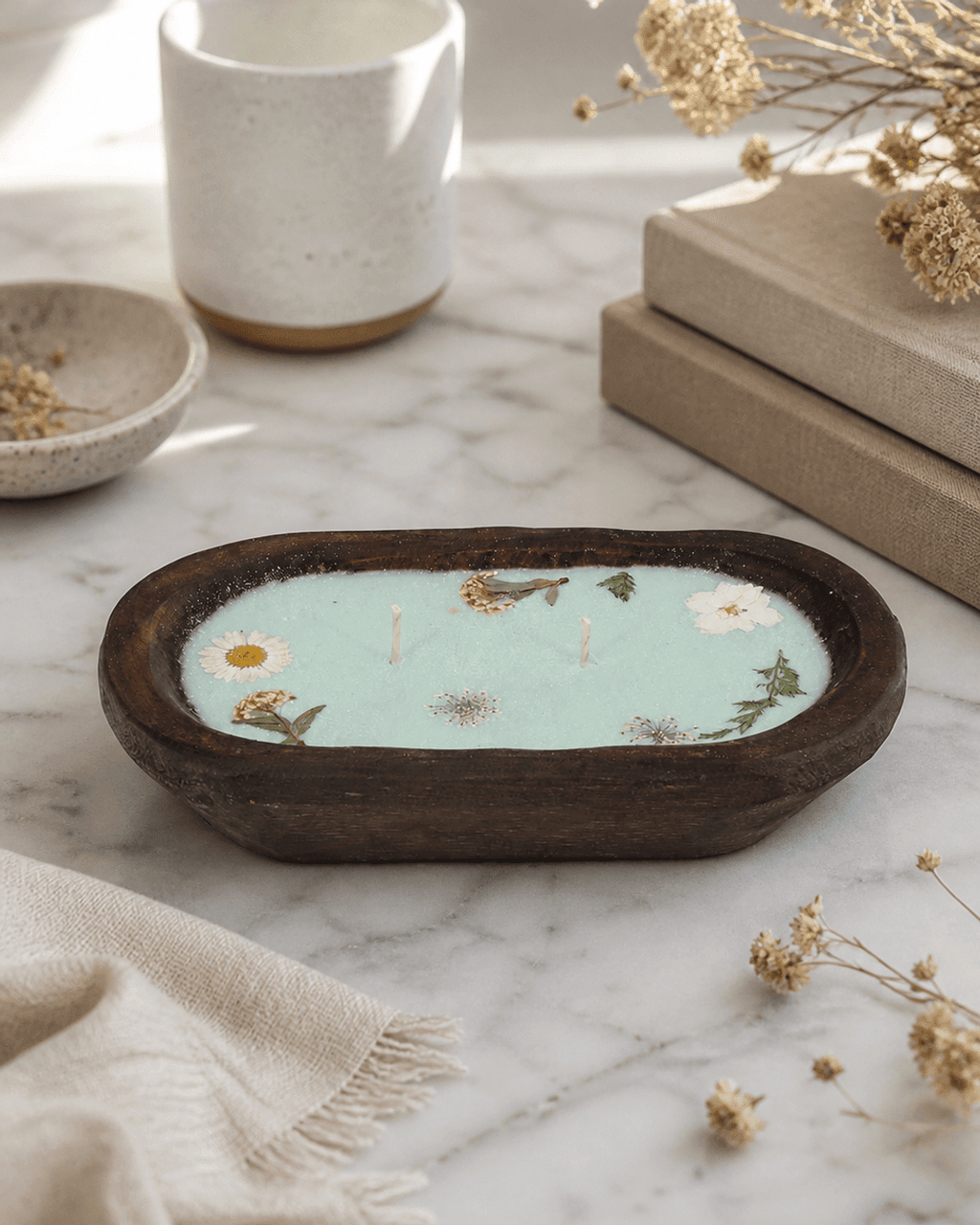 Sea Green Floral Scented Candle with Pressed Flowers - Candles