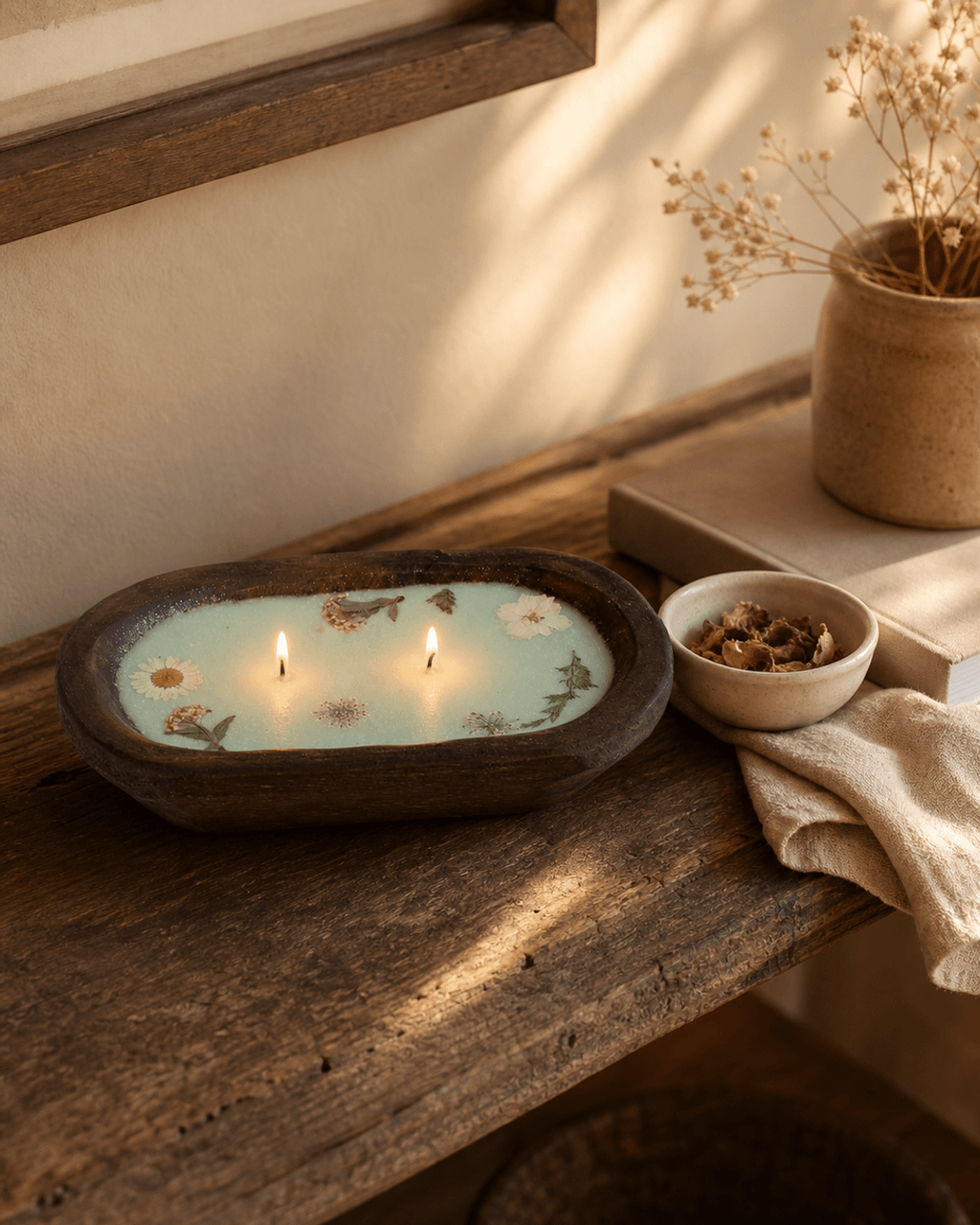 Sea Green Floral Scented Candle with Pressed Flowers - Candles