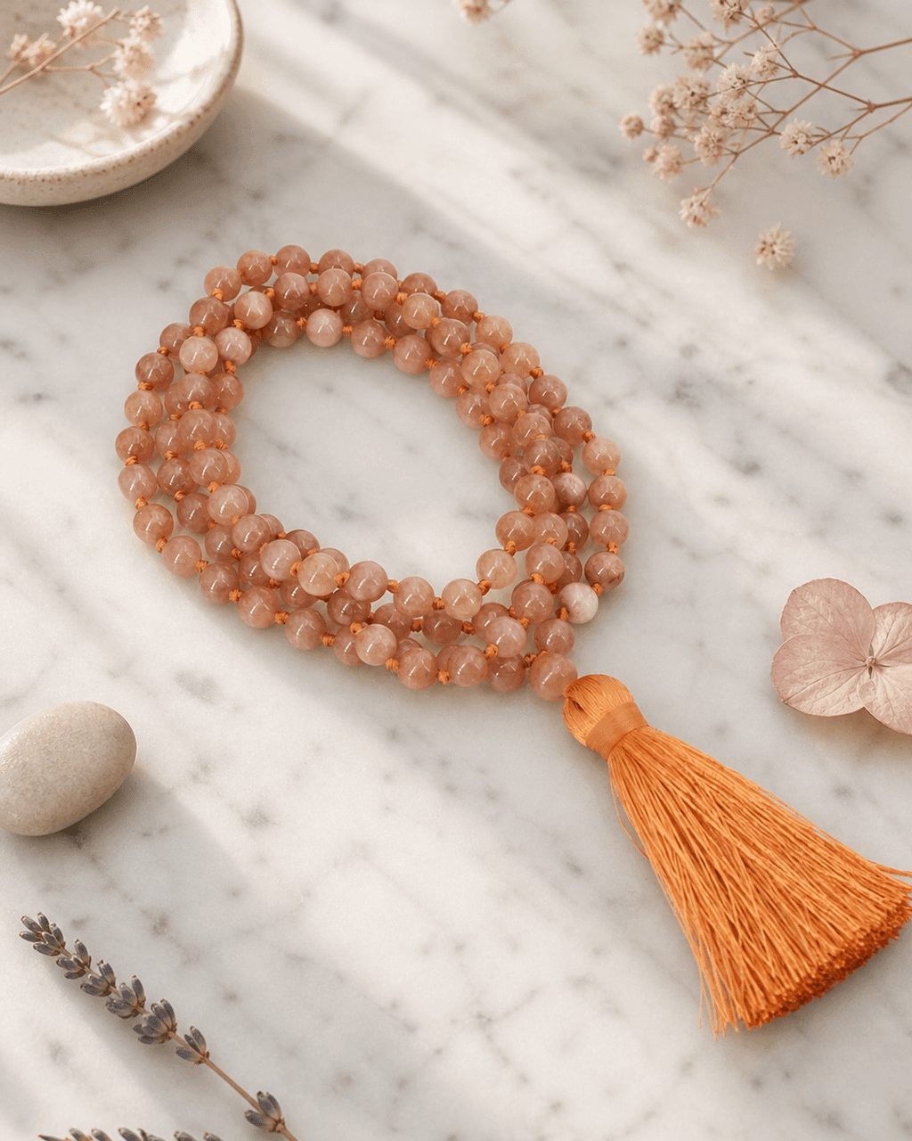 Serene Peach Moonstone Beads Meditation Knotted Mala - Prayer Beads 6mm