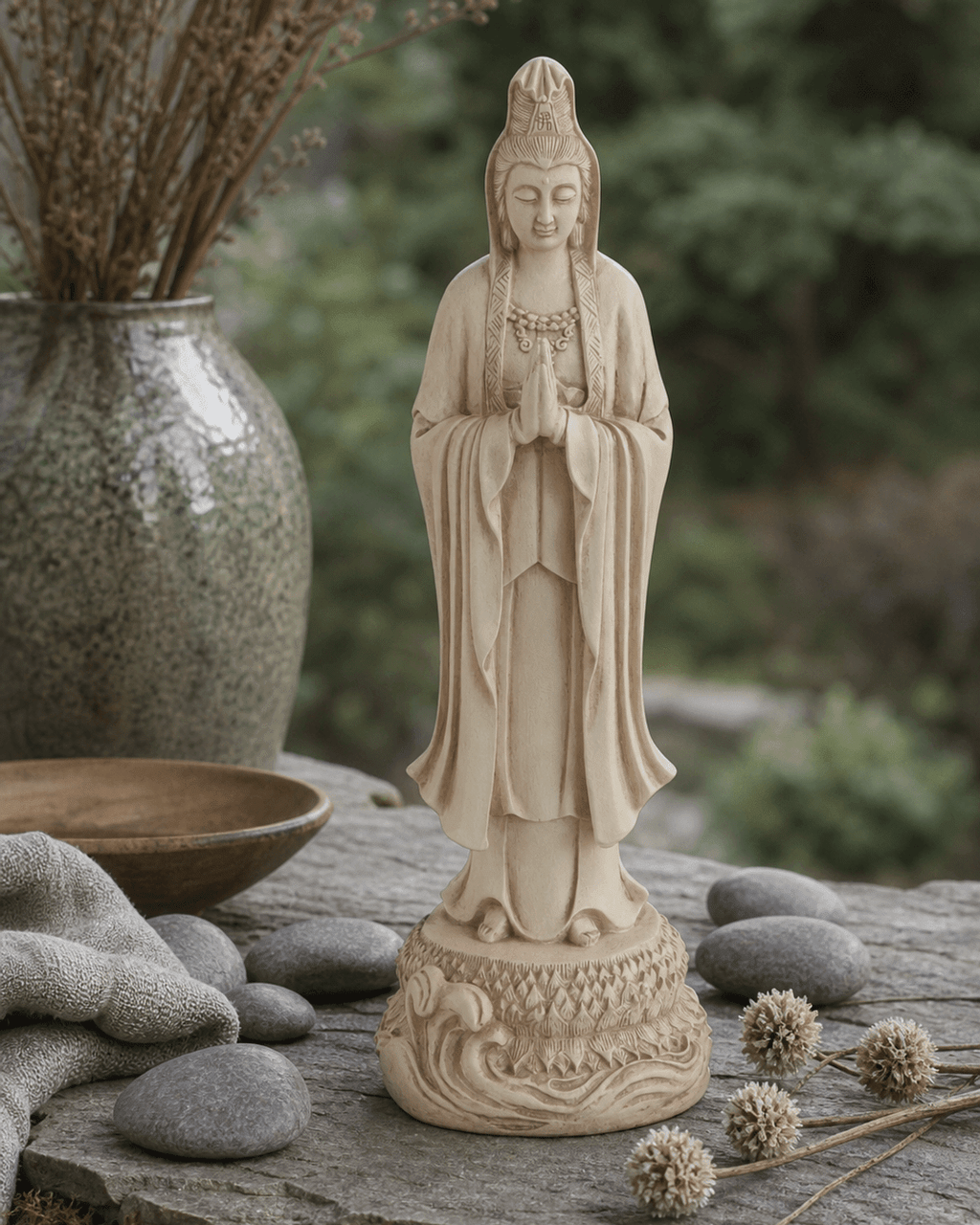 Serene Praying Kuan Yin Statue in Stone Finish - Statues