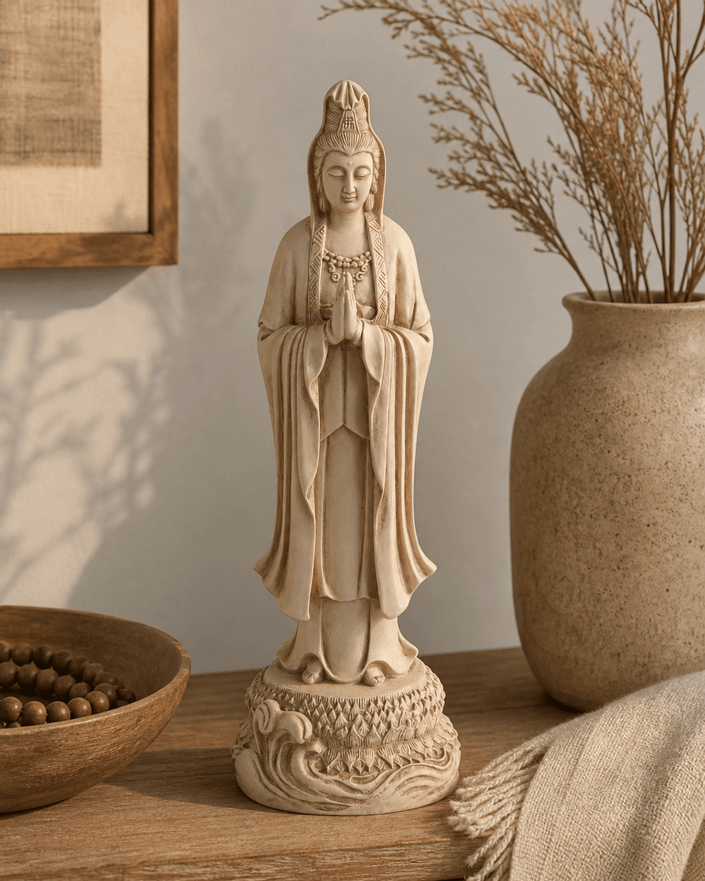 Serene Praying Kuan Yin Statue in Stone Finish - Statues