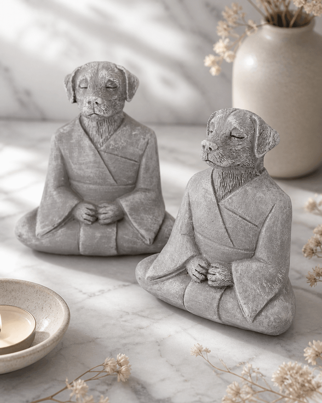 Set of 2 Tranquil Resin Meditating Dog Statues - Sculptures & Statues