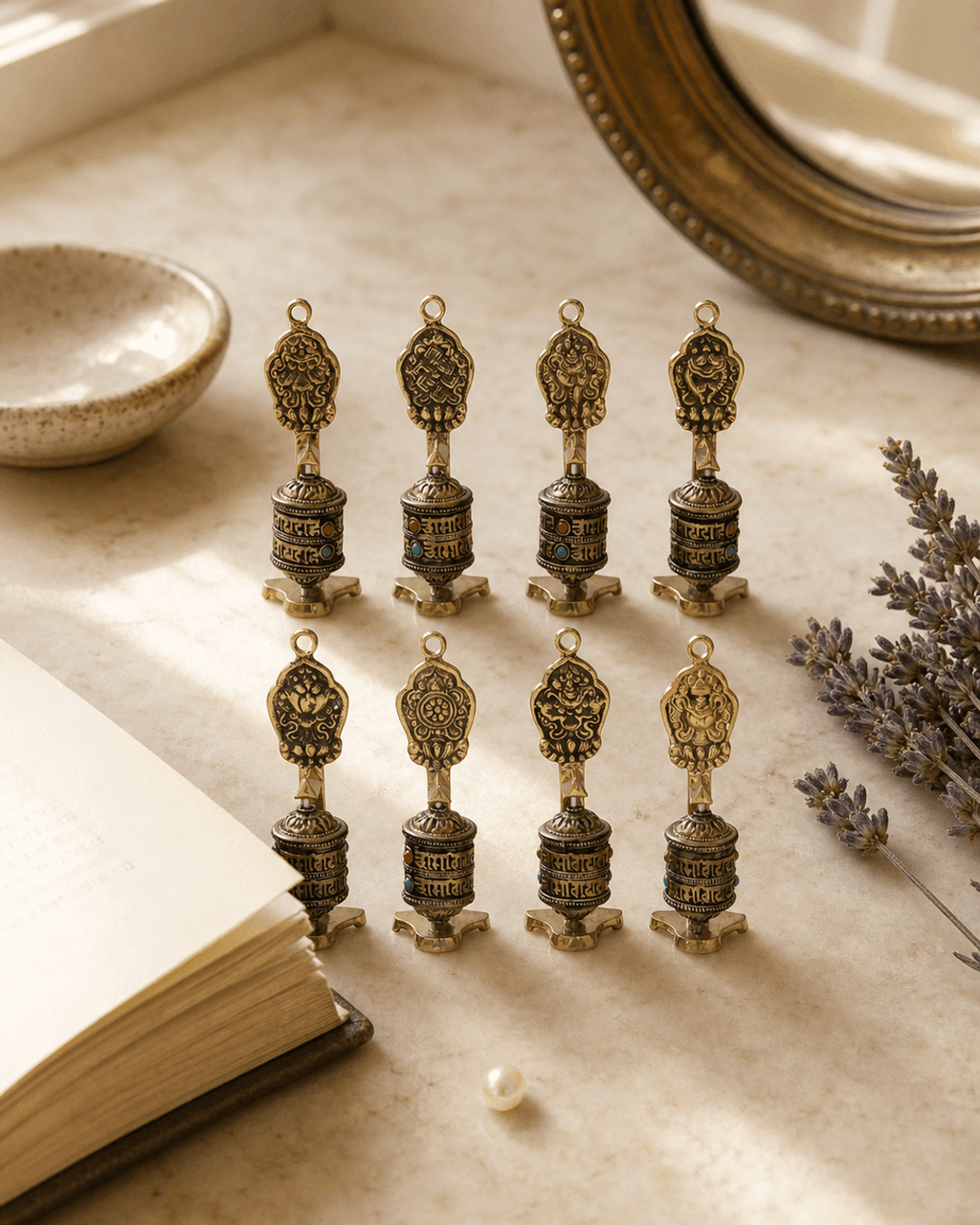 Set of Eight Miniature Prayer Wheels with Tibetan Auspicious Symbols - Religious Altars