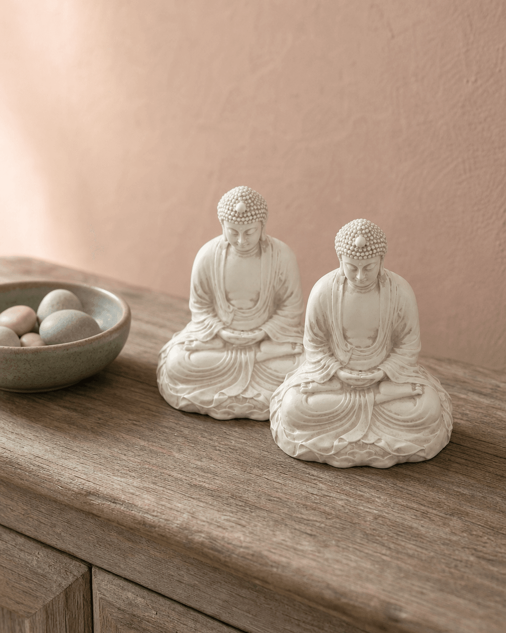 Set of Two Miniature Cream Buddha Statues - Sculptures & Statues