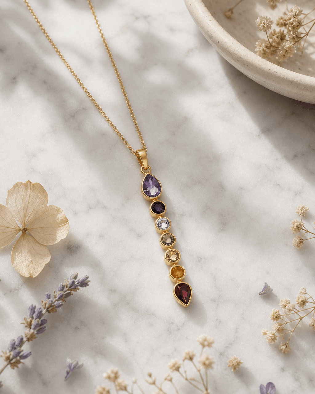 Seven Chakra Gemstone Necklace – 18K Gold Plated Vertical Chakra Pendant - Necklaces