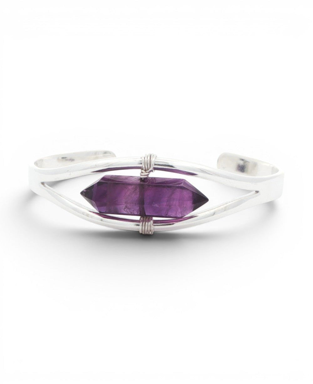 Silver Amethyst Point Cuff Bracelet — Adjustable Crystal Jewelry - Bracelets