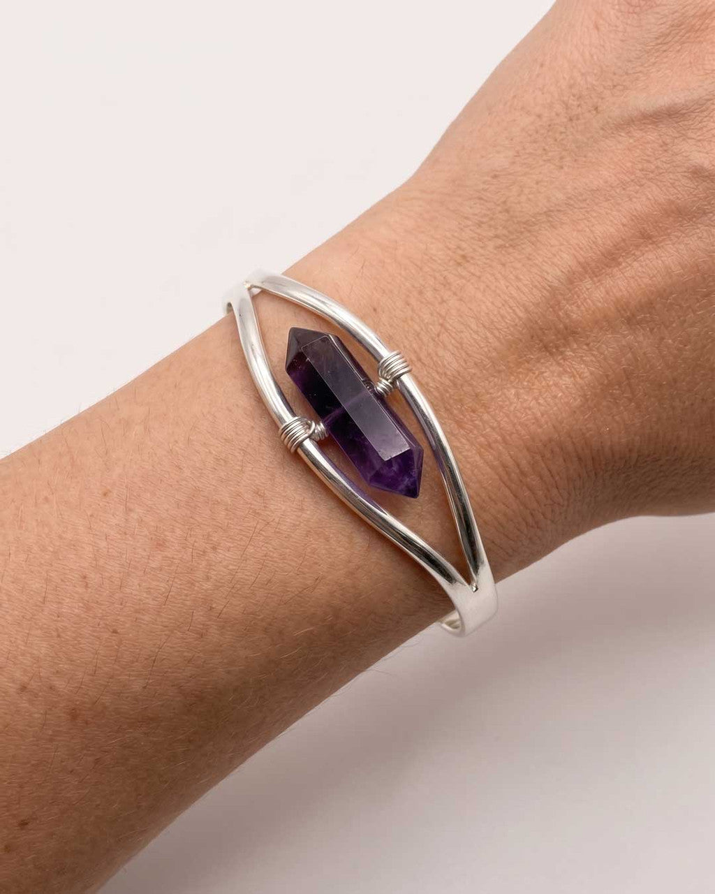 Silver Amethyst Point Cuff Bracelet — Adjustable Crystal Jewelry - Bracelets