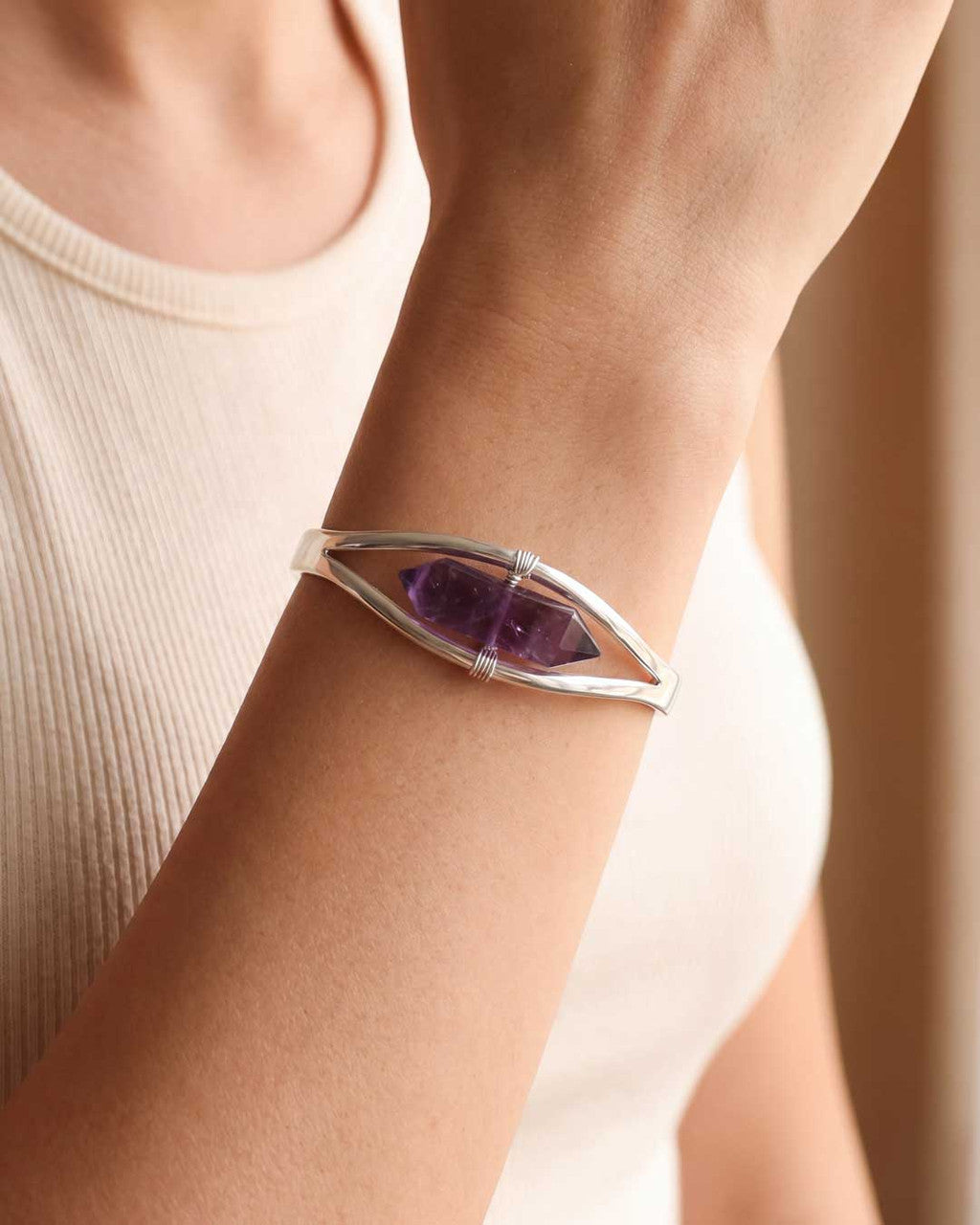 Silver Amethyst Point Cuff Bracelet — Adjustable Crystal Jewelry - Bracelets