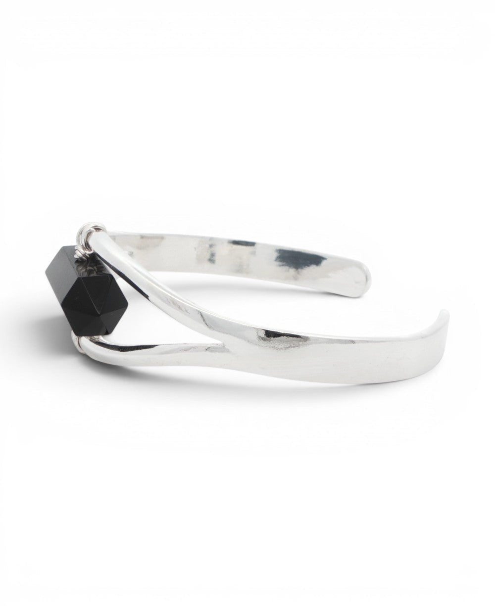 Silver Black Onyx Point Cuff Bracelet — Adjustable Crystal Jewelry - Bracelets