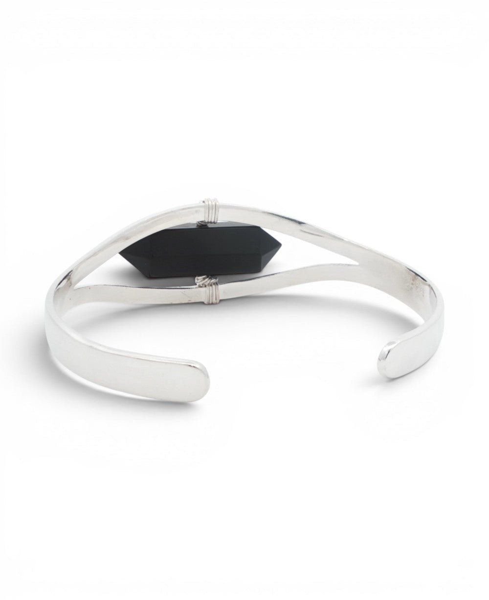 Silver Black Onyx Point Cuff Bracelet — Adjustable Crystal Jewelry - Bracelets