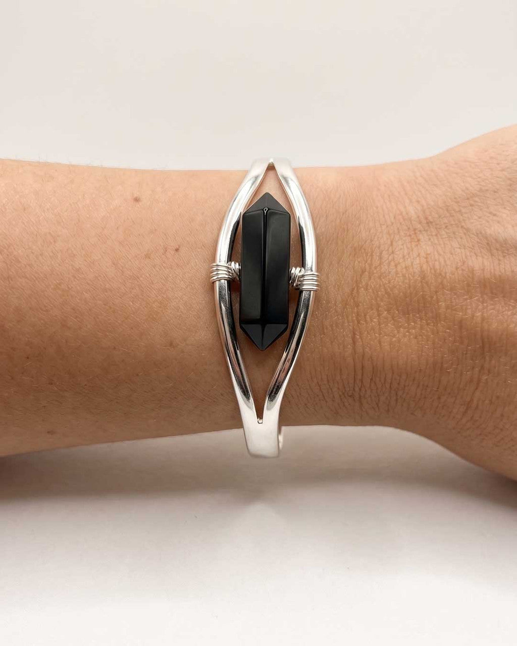 Silver Black Onyx Point Cuff Bracelet — Adjustable Crystal Jewelry - Bracelets