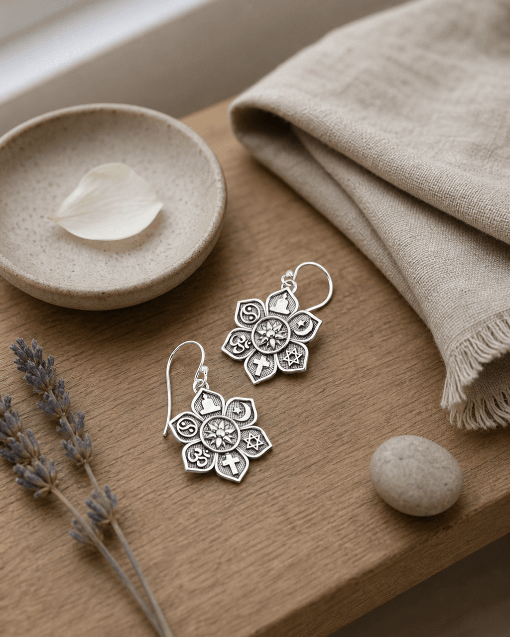 Silver Coexist Harmony Earrings – Lotus Design with Spiritual Symbols and “Together as One” Engraving - Earrings Silver Plated