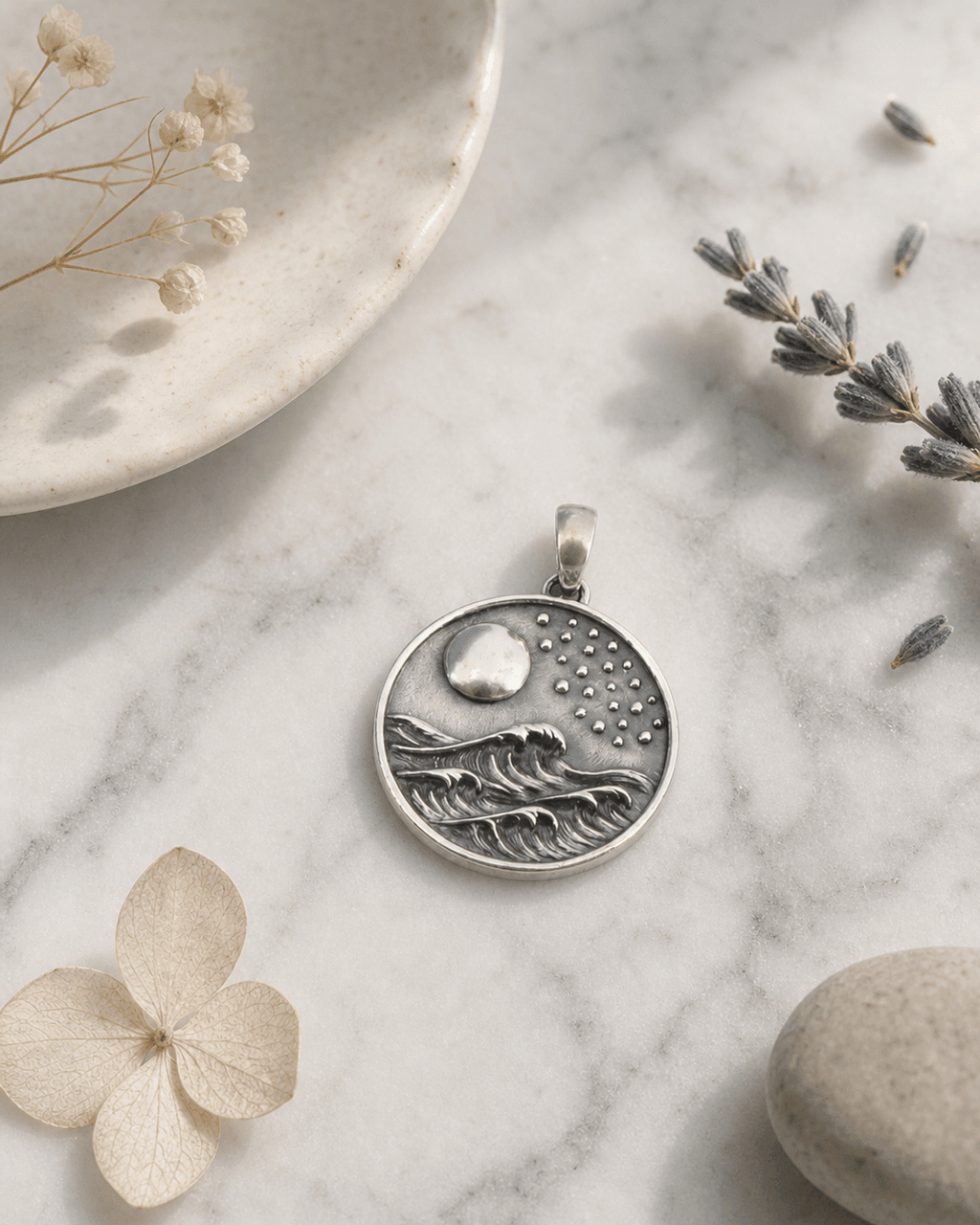 Silver Full Moon and Waves Pendant – Ocean - Inspired Pendant - Pendant Silver Plated
