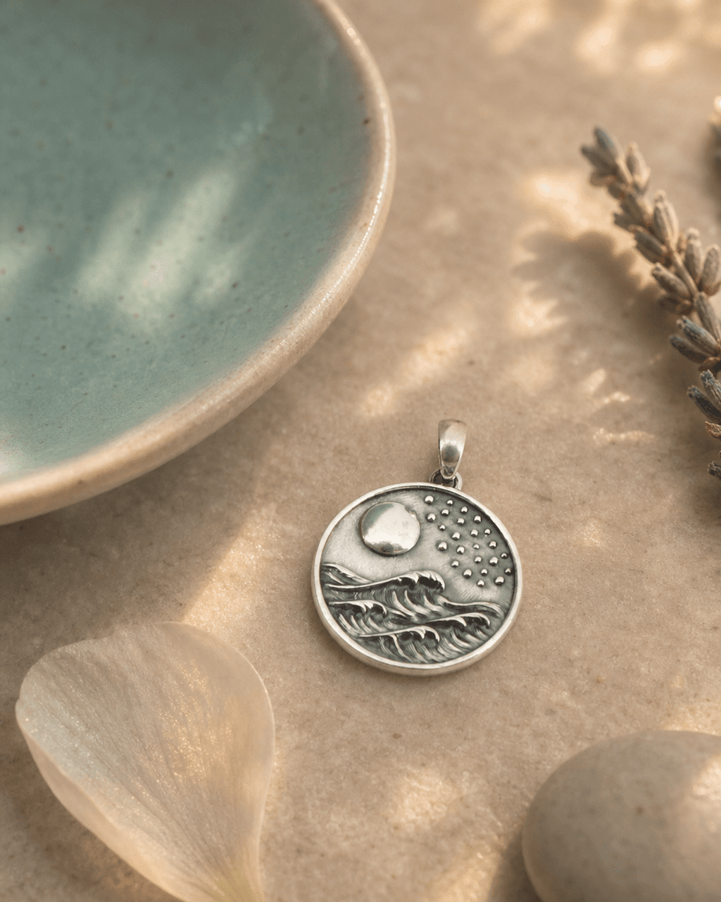 Silver Full Moon and Waves Pendant – Ocean - Inspired Pendant - Pendant Silver Plated