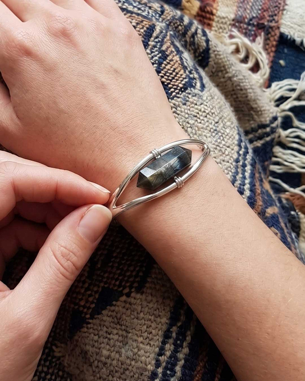 Silver Labradorite Point Cuff Bracelet — Adjustable Crystal Jewelry - Bracelets