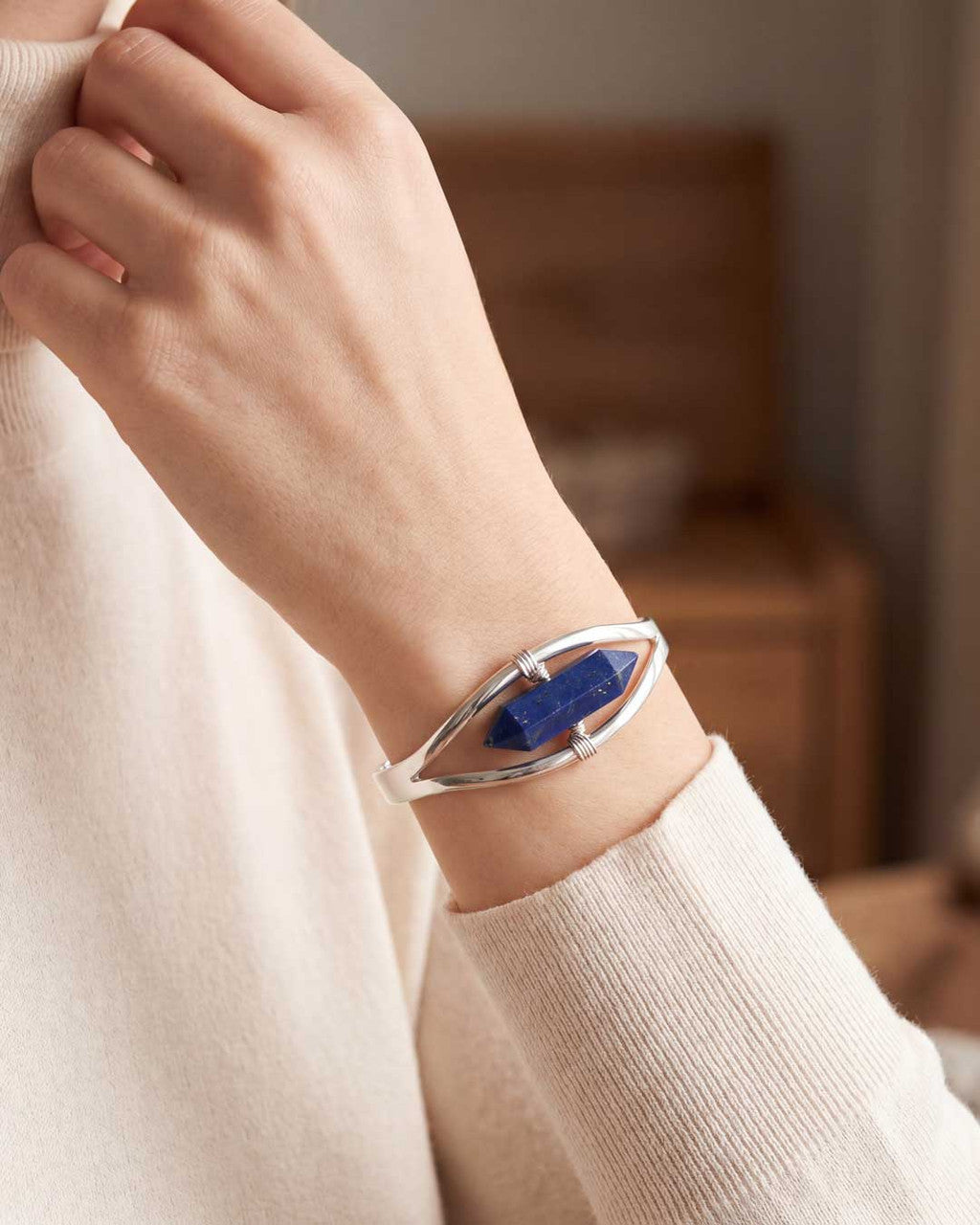 Silver Lapis Lazuli Point Cuff Bracelet — Adjustable Crystal Jewelry - Bracelets