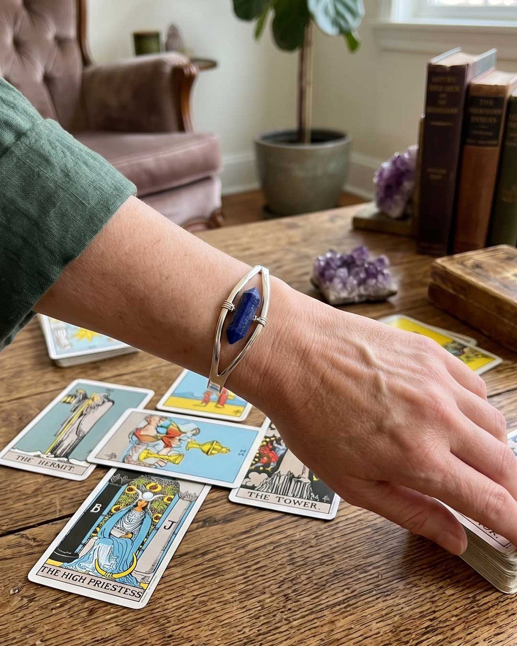 Silver Lapis Lazuli Point Cuff Bracelet — Adjustable Crystal Jewelry - Bracelets