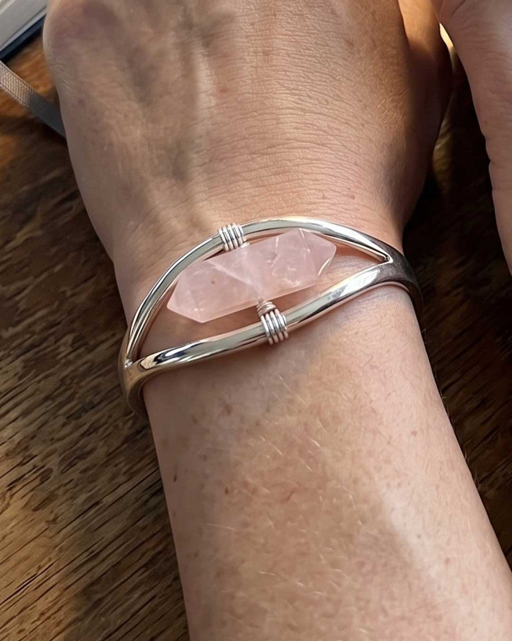 Silver Rose Quartz Point Cuff Bracelet — Adjustable Crystal Jewelry - Bracelets