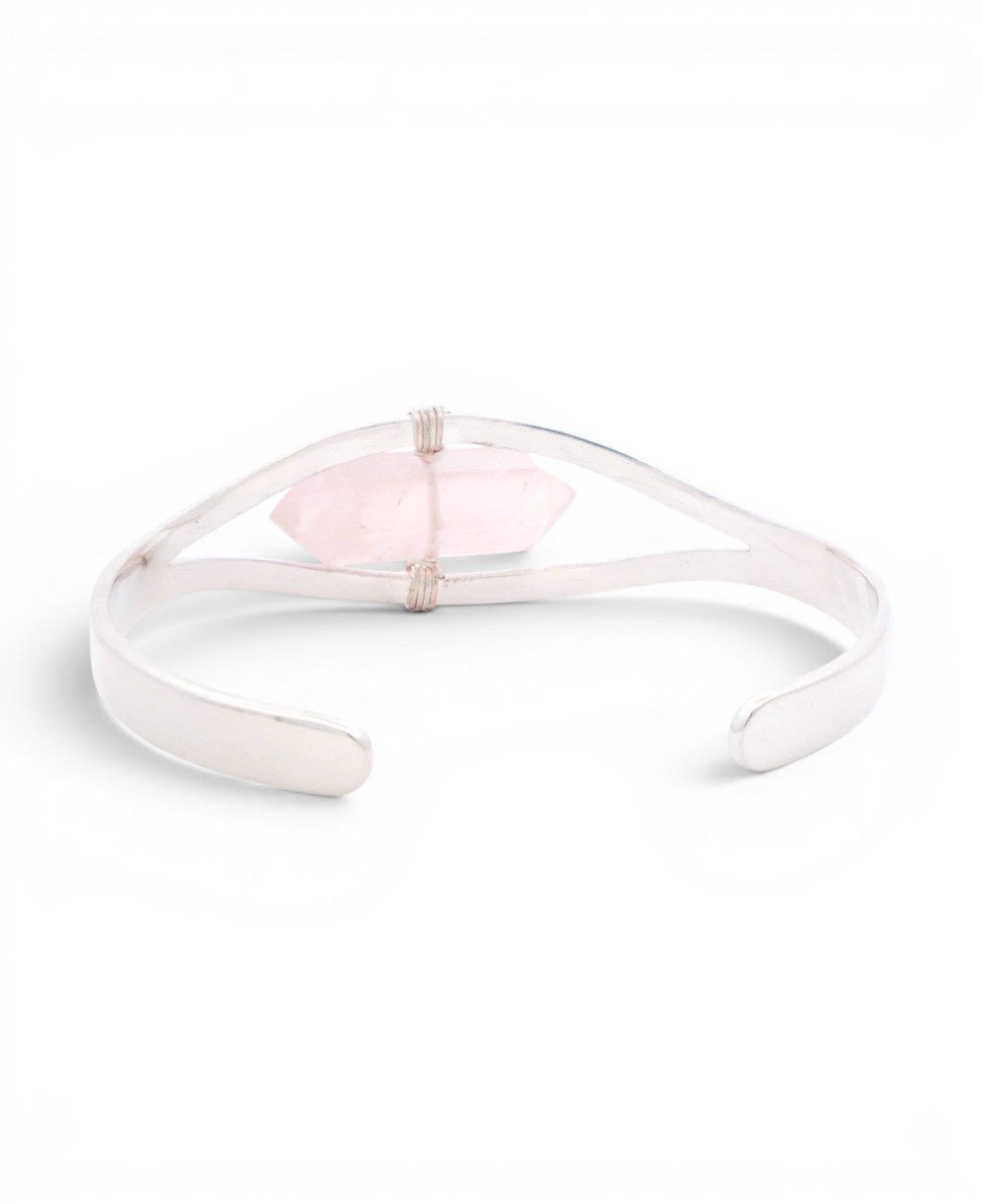 Silver Rose Quartz Point Cuff Bracelet — Adjustable Crystal Jewelry - Bracelets